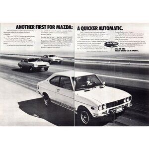 1973 Mazda RX2 Sports Car 2 page Vintage Print Ad Pomona Raceway 70s Wall Art